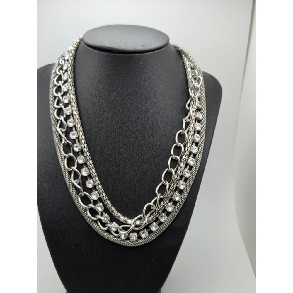 Multiple chains Choker Necklace rhinestone Silver Tone 14"